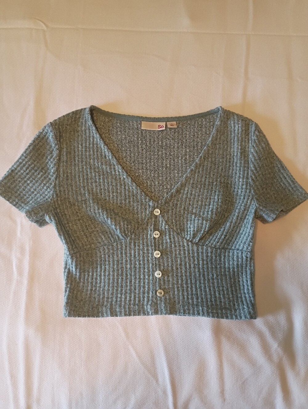 SO Kohl's Blue Grey Waffle Knit Button Front Crop Top Small